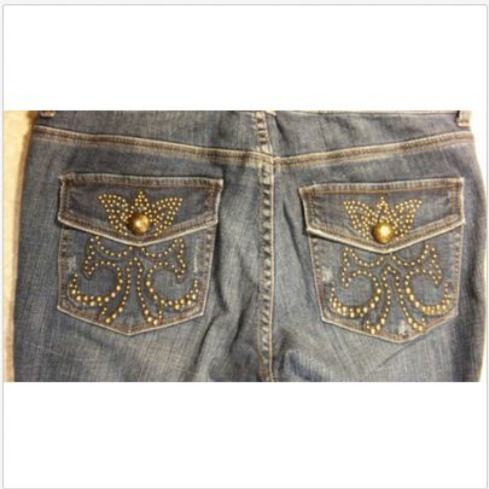 Cache Jeans Size 4 Blue Metallic Gold Embroidered Cotton Stretch Bootcut Flare